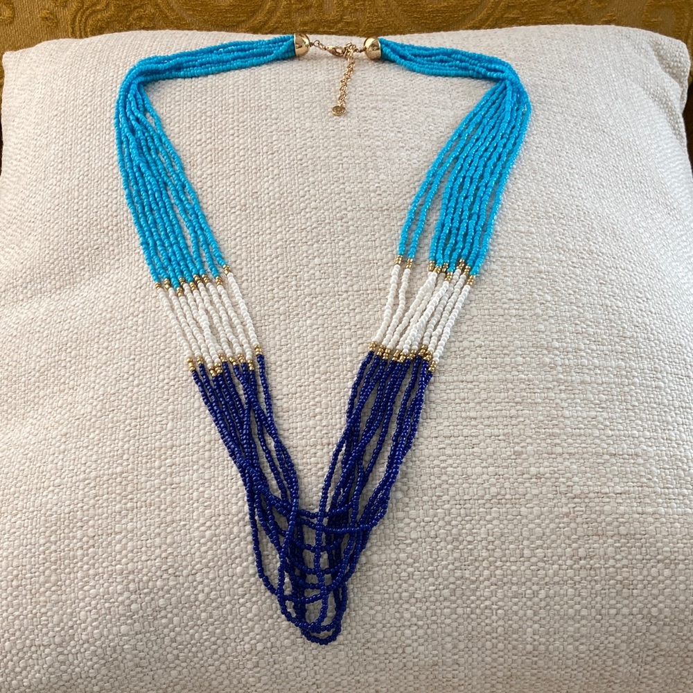 Talbot’s Long Turquoise, Navy Blue and White Beaded Necklace
